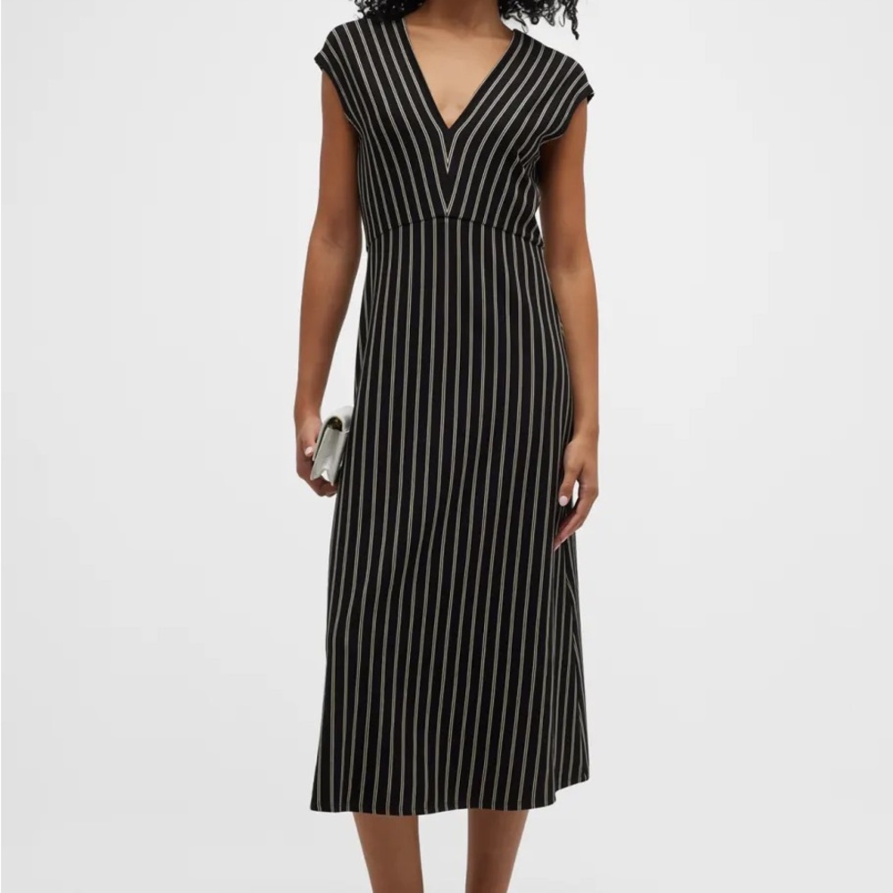 Max Mara Vada Black Striped Jersey V-neck  Cap-sleeve Waisted Midi Dress